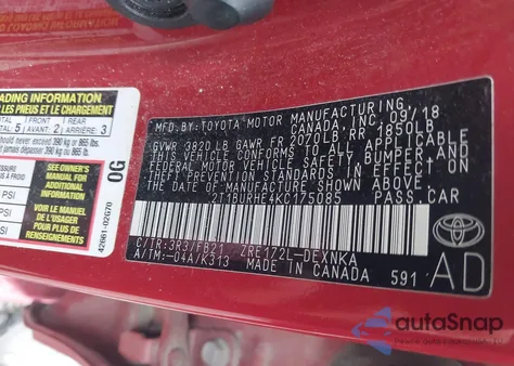 2019 Toyota Corolla Le z USA, uszkodzony, nr VIN 2T1BURHE4KC175085